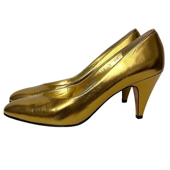 NIB FERRAGAMO Vintage Deadstock Gold Metallic Leather Pumps 7AA - Picture 5 of 12